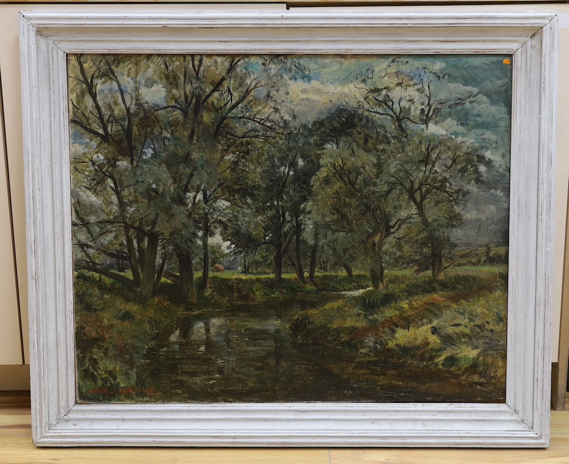 Michael Lawrence Cadman (1920-2010), oil on canvas, Scene on the River Mole, signed, AEB Exhibition label verso, 61 x 77cm